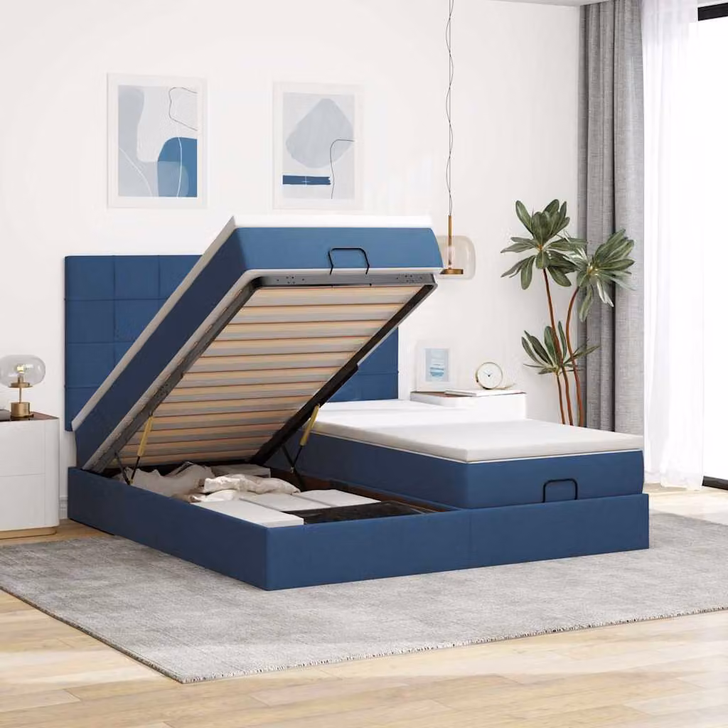 Letto con contenitore contenitore a sollevamento vidaXL in tessuto blu e bianco, L: 180 cm, P: 200 cm, H: 128 cm, con illuminazione sottostante e porta USB