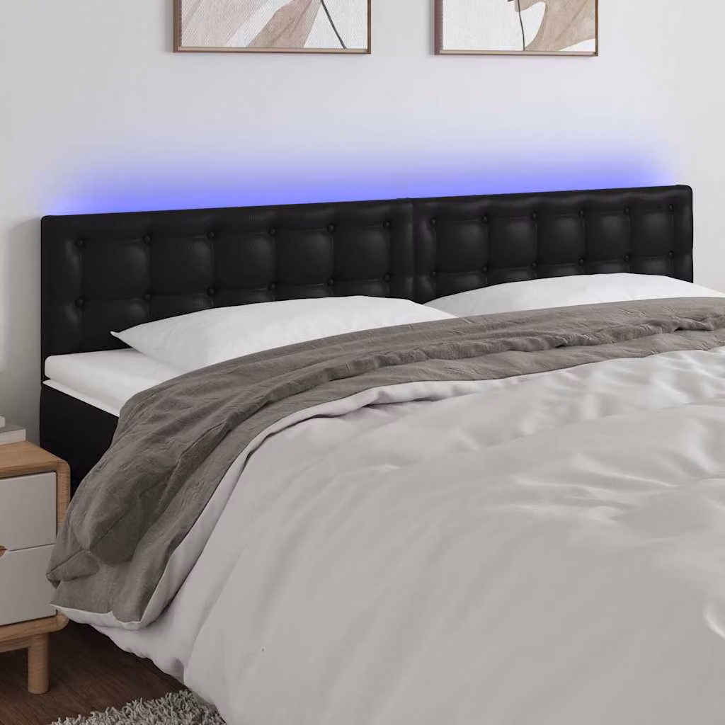 Testiera per letto vidaXL in similpelle nera con illuminazione LED e porta di ricarica USB, L: 180 cm, P: 5 cm, H: 78-88 cm