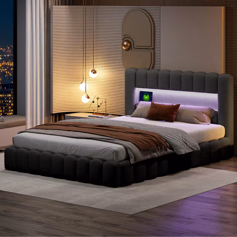 letto 160x200cm con testata LED, letto imbottito con contenitore, letto contenitore, biancheria, grigio