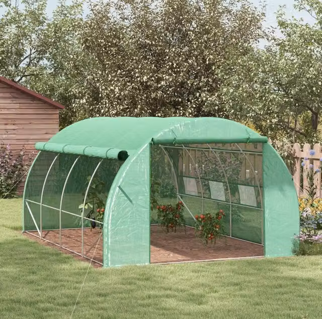 Serra da giardino ULEVR 3,97x3x2 m con 8 finestre, porta con cerniera e struttura in acciaio zincato verde