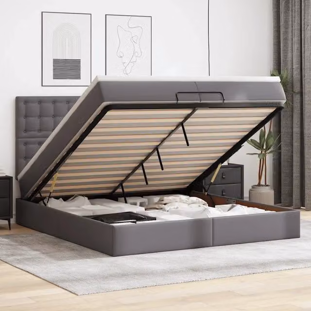Letto con contenitore a sollevamento vidaXL in similpelle grigio e bianco con illuminazione sottostante e porta USB L: 200 cm, P: 200 cm, H: 280 cm – 1