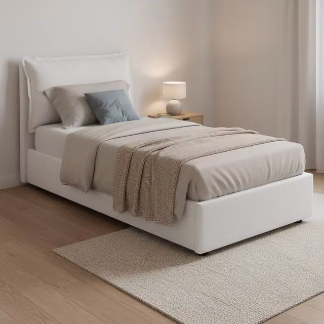Letto singolo contenitore Aigor Talamo Italia con rivestimento in tessuto bianco, adatto per materasso 90x190 cm