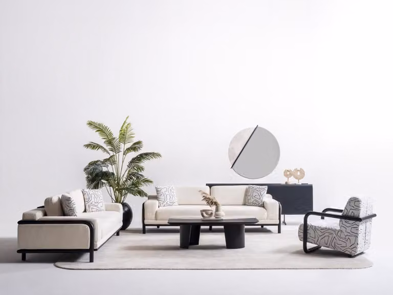 Moderner Wohnzimmer Set aus Holz in Beige mit Sofa, Couchtisch