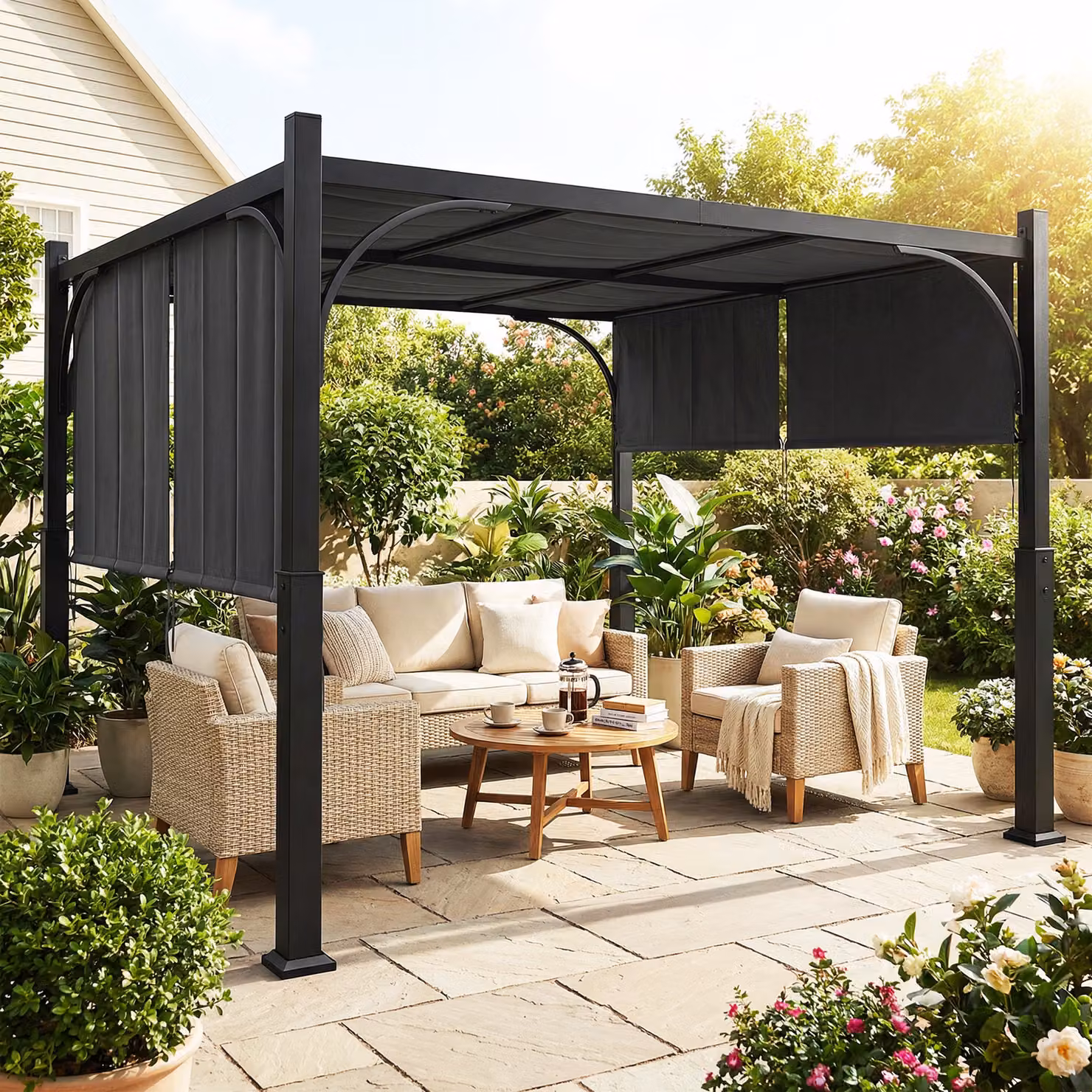 Pergola da giardino Outsunny con tenda scorrevole e struttura in acciaio, grigio antracite, 3 x 3 m – 2