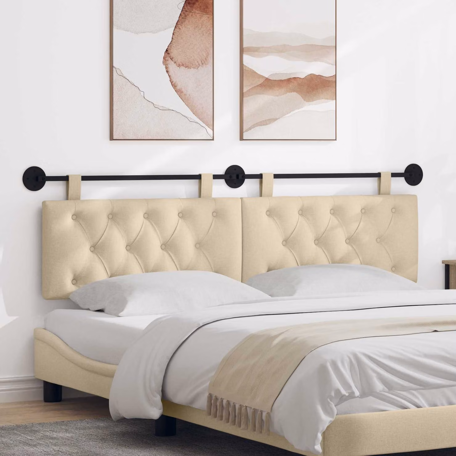 Testiera del letto sospesa vidaXL in tessuto beige con pannello imbottito e struttura in legno e metallo L: 170 cm, H: 55 cm, P: 7 cm