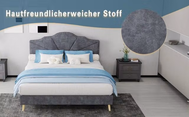 Letto imbottito moderno 140×200 cm grigio con testiera geometrica impunturata, base bassa con doghe, materasso 140×200 cm incluso