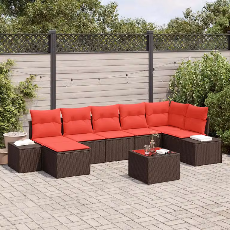 vidaXL Set Divano da Giardino Moderno 7 Pezzi in Polyrattan con Cuscini Marrone e Rosso