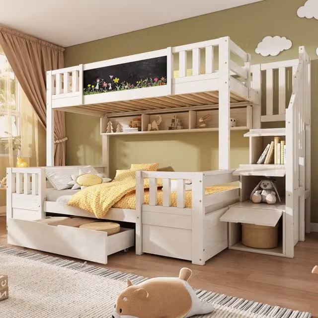 Letto a castello per 3 bambini 90x200 e 140x200 in legno massello con lavagna, scala contenitore, cassetti e armadietto scala, Bianco