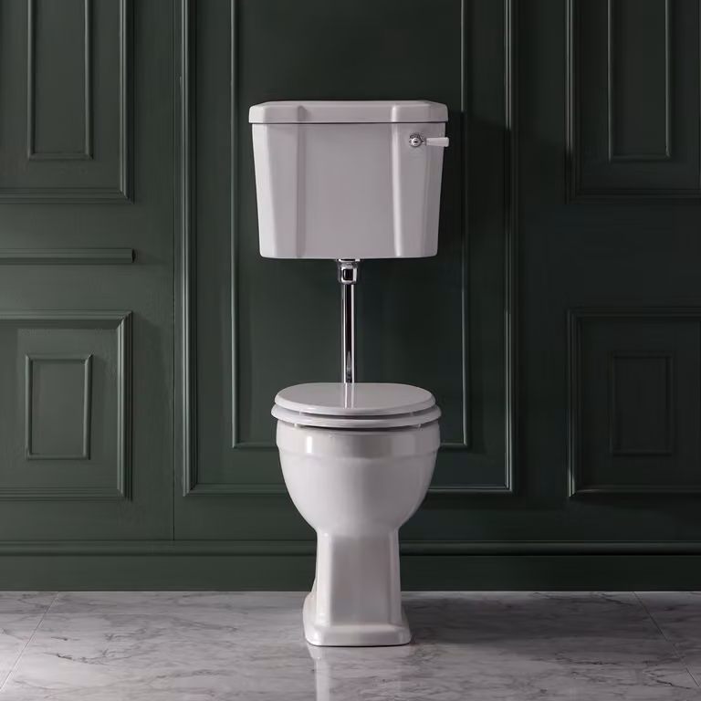 Sanitario  Monoblocco Tradizionale con Cassetta di Scarico, Kit di Scarico Cromato/Bianco e Sedile in Rovere - Richmond