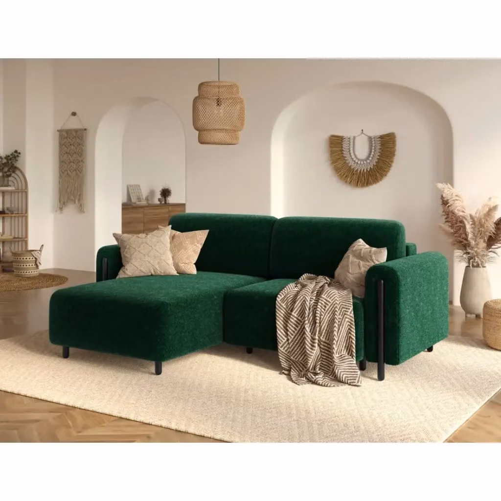 Divano ad angolo convertibile ARVESSA MEUBLORAMA verde smeraldo in tessuto bouclé con contenitore e funzione letto, angolo sinistro, L 244 x P 154 x H 95 cm – 2