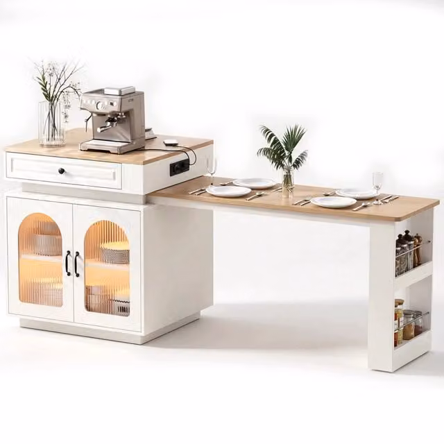 Isola Cucina Mobile con Ruote 128-200x71x92 cm; Tavolo Estensibile con LED; Prese Elettriche; Ante in Vetro e Ripiani; Bianco