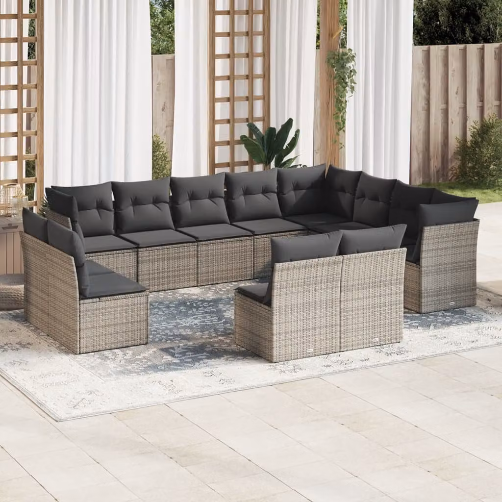 Set di divani da giardino vidaXL in polyrattan grigio con cuscini, composizione a forma di U per esterno e terrazza – 1