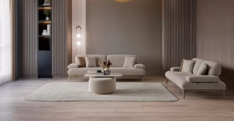 Divano a 3 posti, tavolino, poggiapiedi, stile moderno, colore beige, elegante, lussuoso, set completo