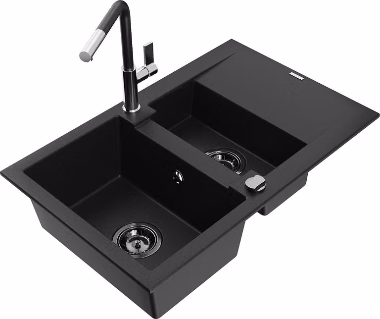 Mexen Gaspar lavello in granito a 1,5 vasche con scolapiatti e rubinetto da cucina Flora, nero - 6507-77-670401-07-B