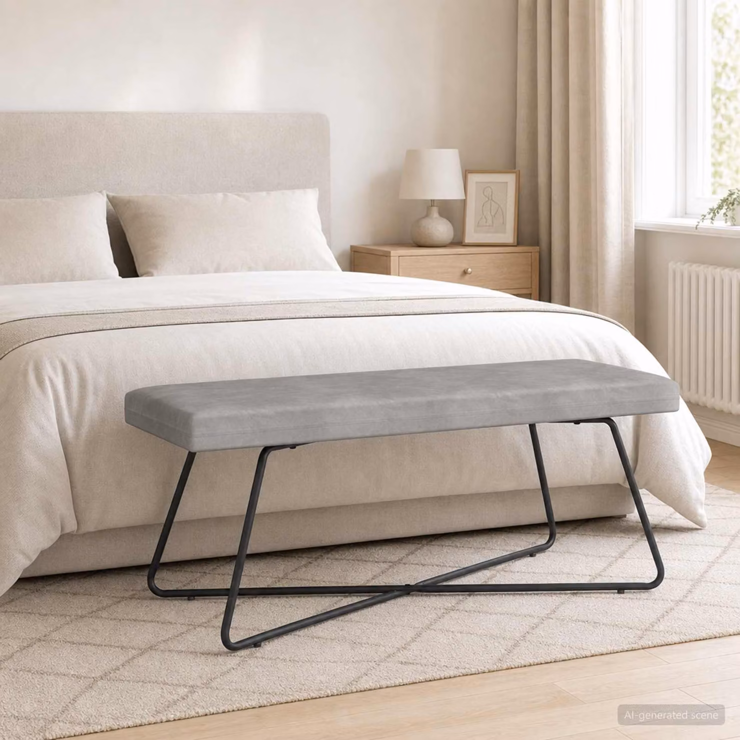 Panchina moderna vidaXL in velluto grigio con struttura in metallo e MDF, L 110 x P 40 x H 45 cm