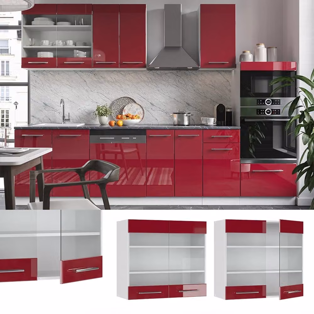 Pensile da cucina moderno Vicco Fame-Line con ante in vetro, Bordeaux lucido e Bianco, L: 80 cm – 2