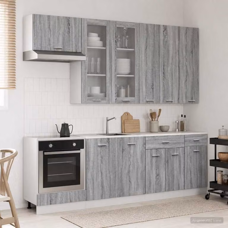 vidaXL Unità Cucina LYON 8 Pezzi Moderna in Legno Ingegnerizzato e MDF Grigio con Ante in Vetro