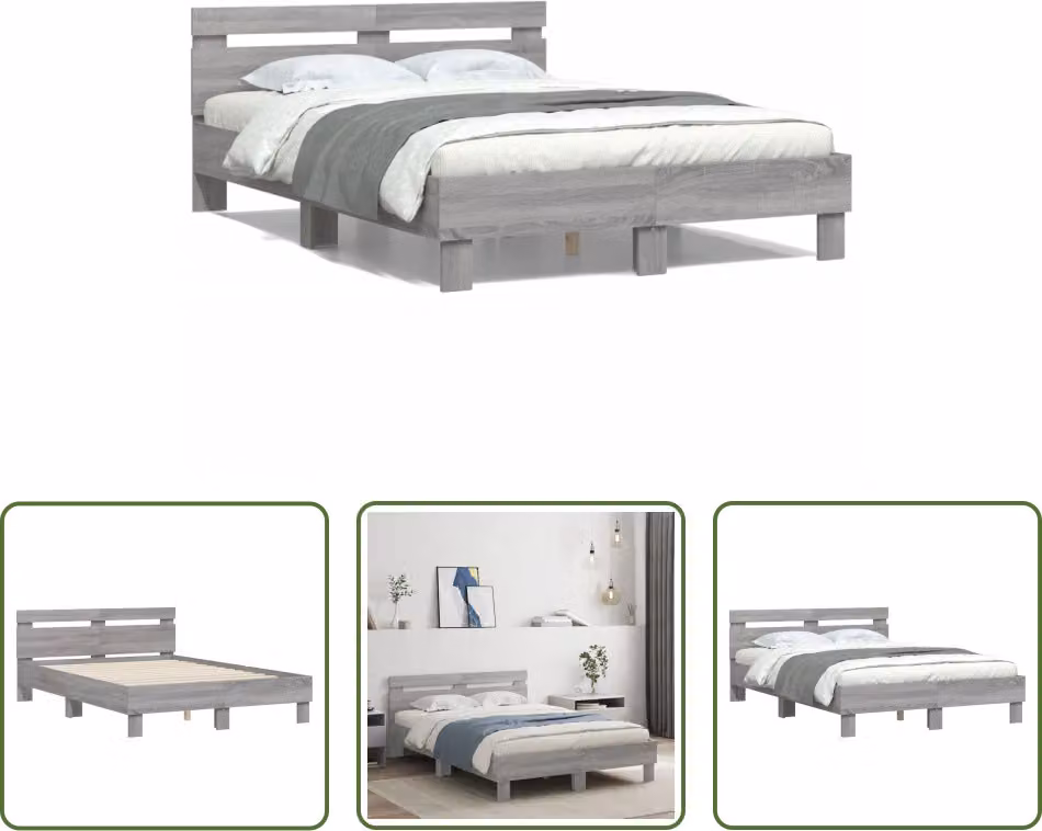 The Living Store Struttura letto con testiera Grey Sonoma 135x190 cm Materiale a base di legno