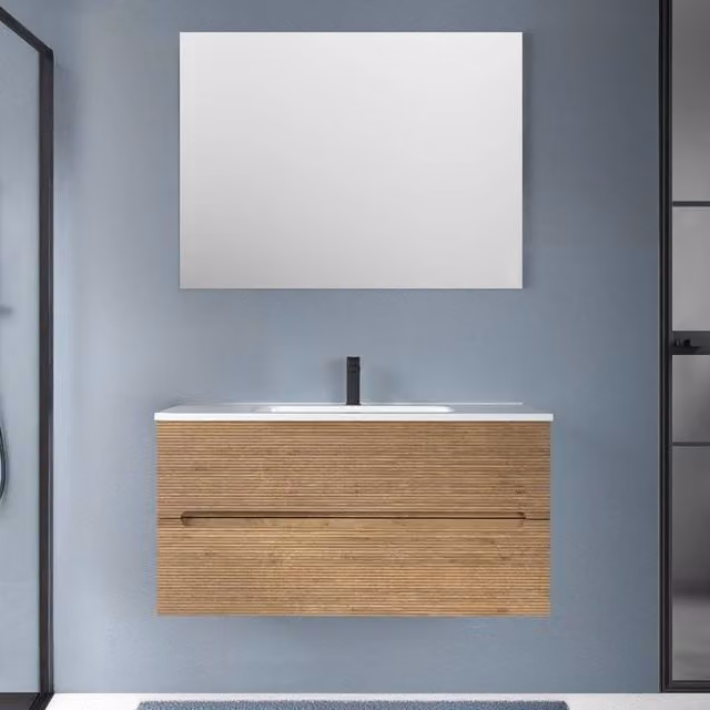 Mobile bagno sospeso Rigo in rovere cannettato con 2 cassetti e specchio, colore bianco, Larghezza: 100 cm