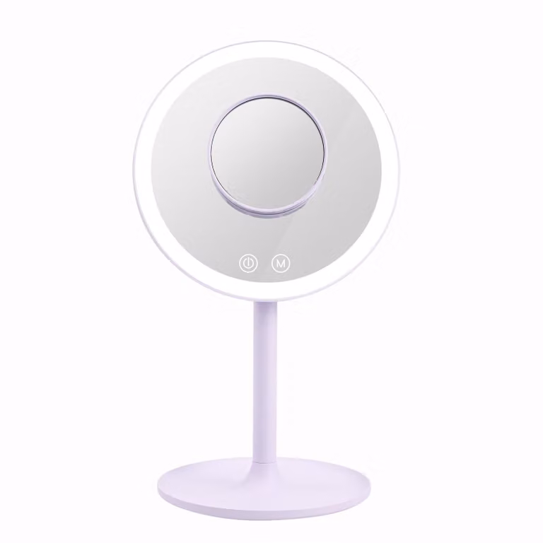 Specchio cosmetico LED EMKE con 3 tonalità di luce, ingrandimento 1x/3x, interruttore touch e funzione di memoria, lente d'ingrandimento per specchio da bagno, colore viola