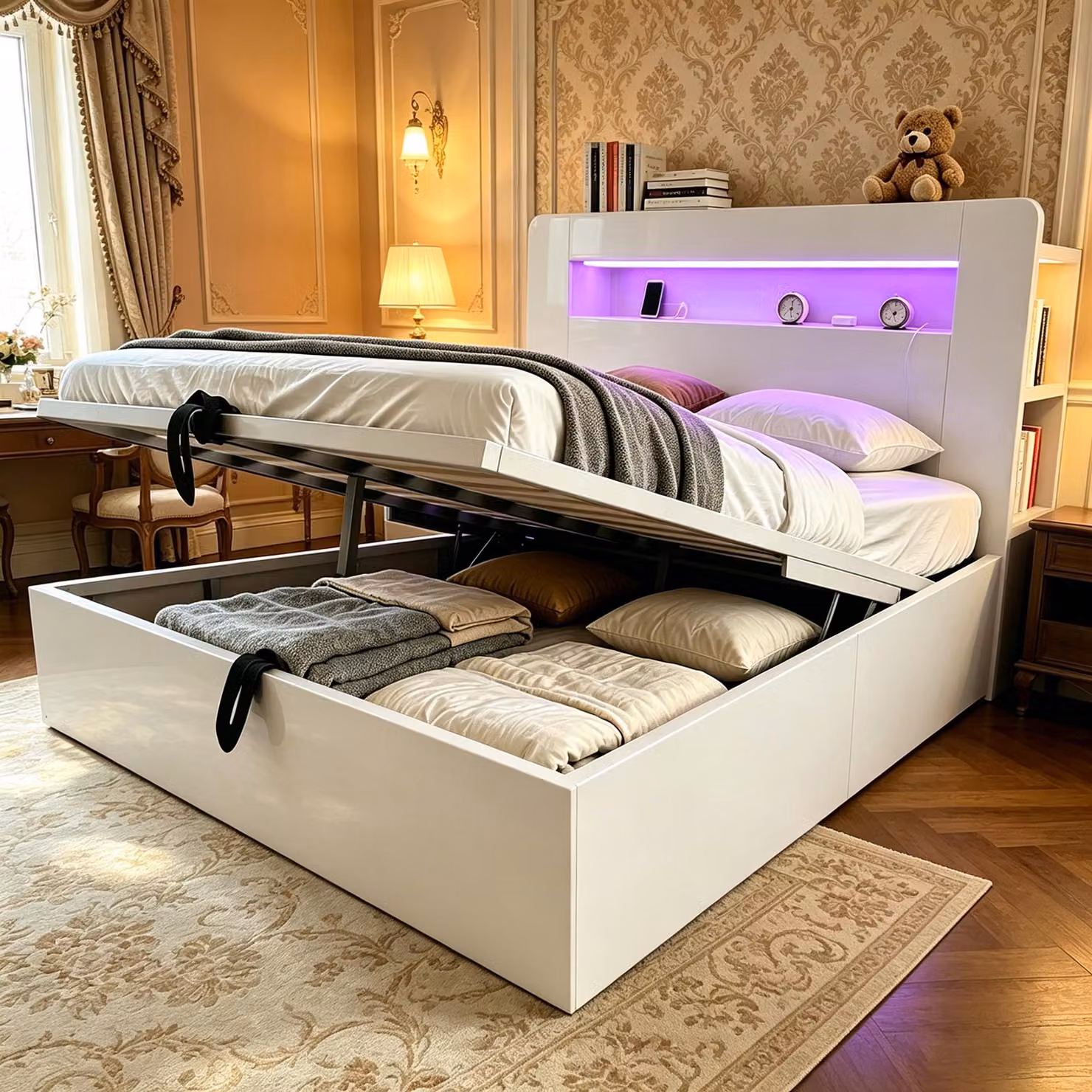 Letto contenitore 140x200 cm con sistema di sollevamento idraulico, testiera illuminata a LED, prese di corrente e vani contenitori, realizzato in legno, compensato e MDF, colore bianco