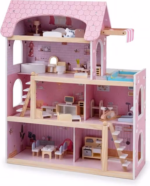 Casa delle bambole fai da te in legno con 33 accessori per bambini, colore rosa