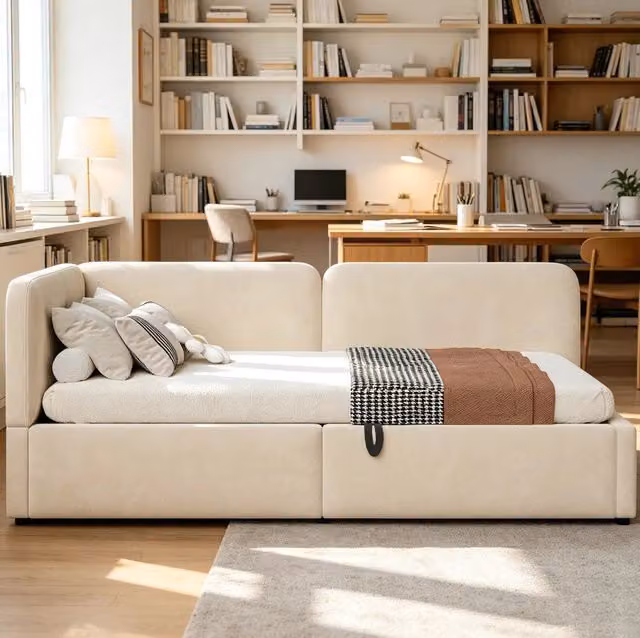 Divano letto in velluto beige 90x200 cm con contenitore idraulico, testiera alta e schienale reversibile