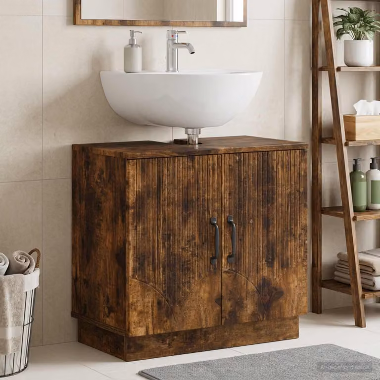 Armadio per lavabo da bagno vidaXL HOORN Rovere Fumo con ante a battente, colore marrone e nero, finitura opaca