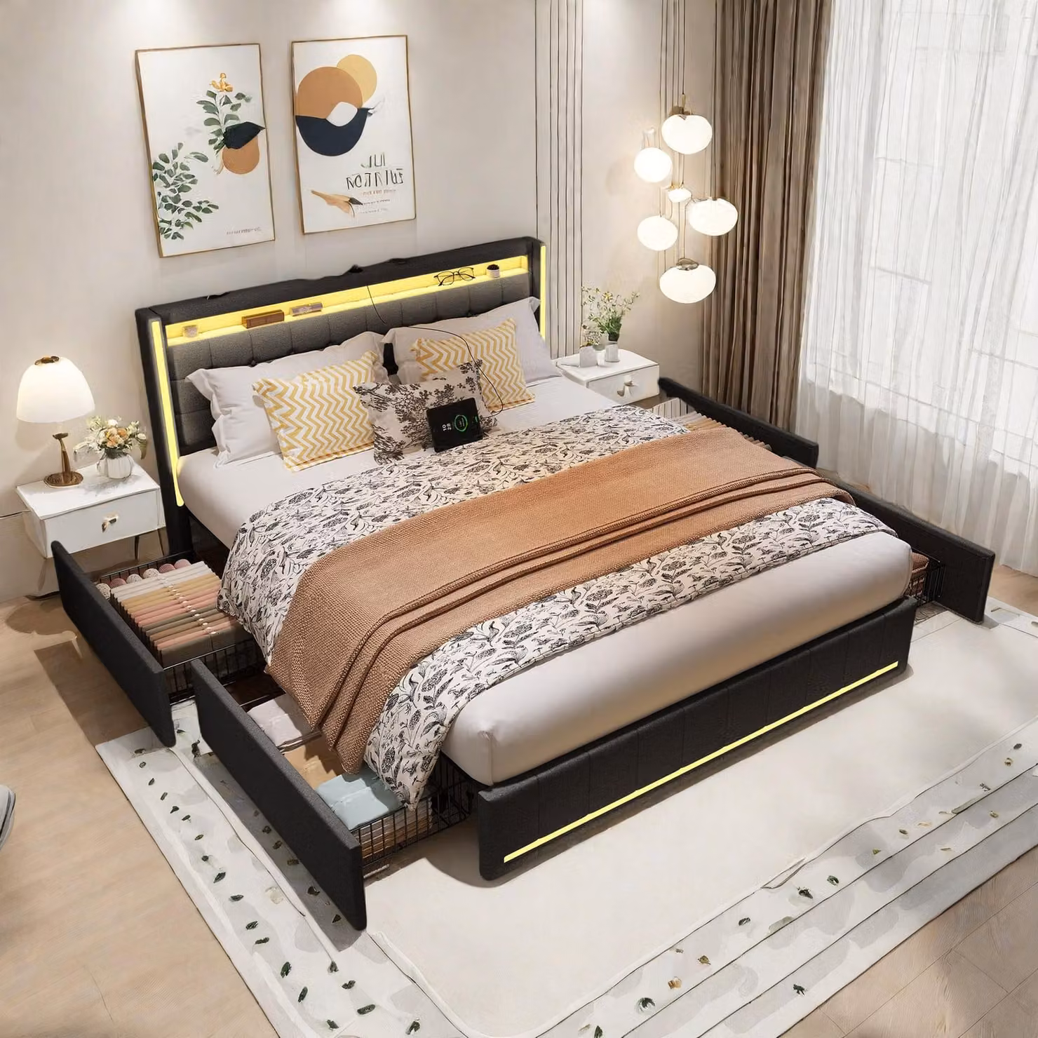 Letto matrimoniale 140x200 cm in lino grigio – testiera e pediera con illuminazione a LED, 4 cassetti in metallo, porte USB e Type-C