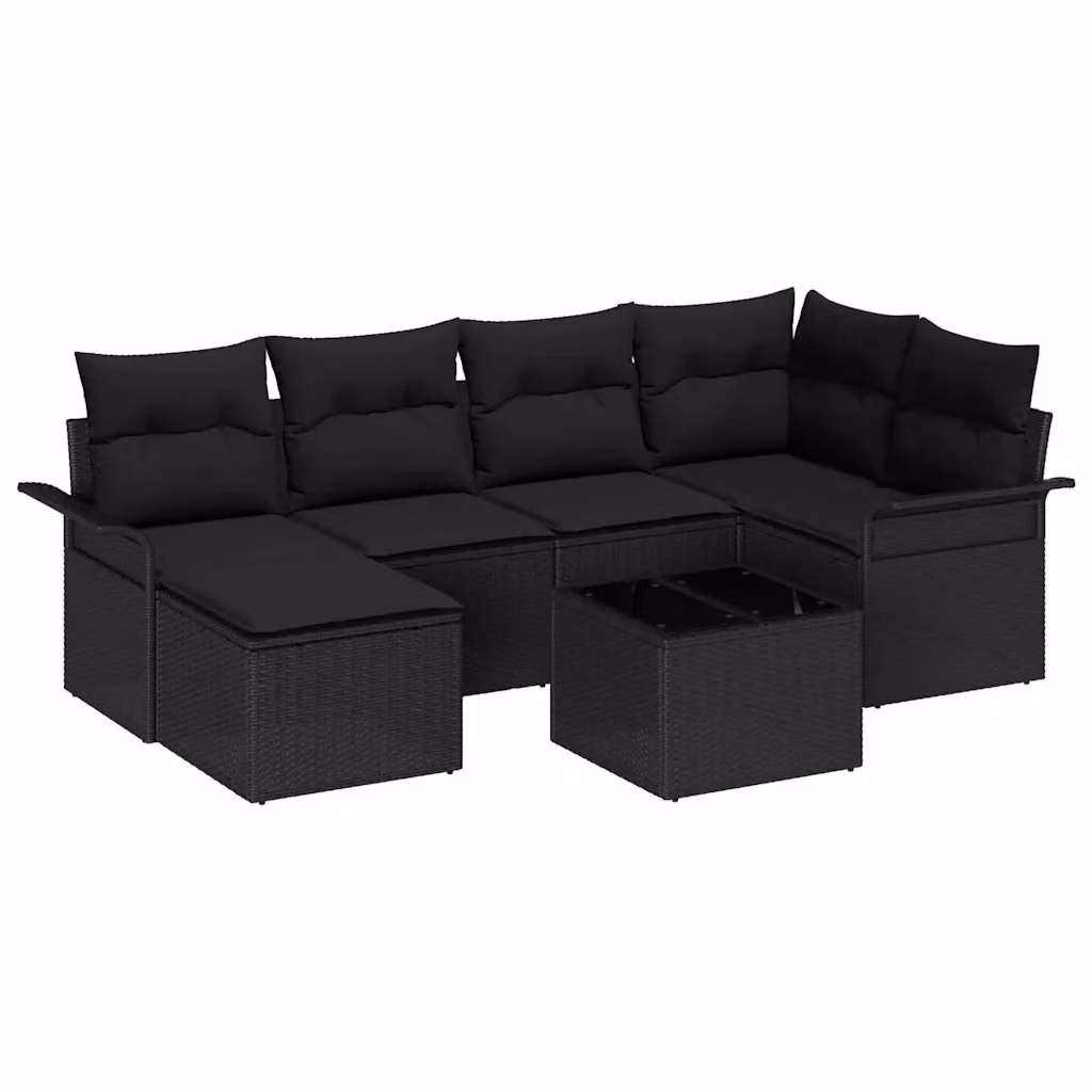 Set Divano da Giardino vidaXL 7 Pezzi a Forma di L con Cuscini e Tavolino Nero in Polyrattan e Acciaio – 2