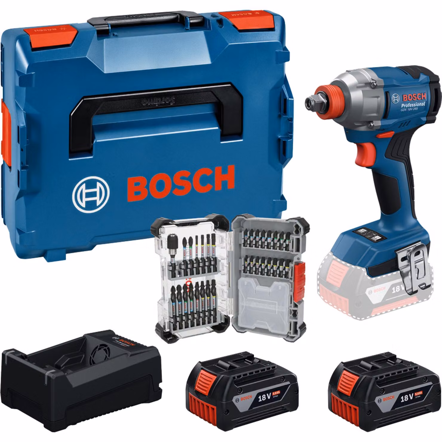 Set di utensili Bosch: GDX 18V-285 + 2 batterie GBA da 5,0 Ah + GAL + set di 31 punte in L-BOXX