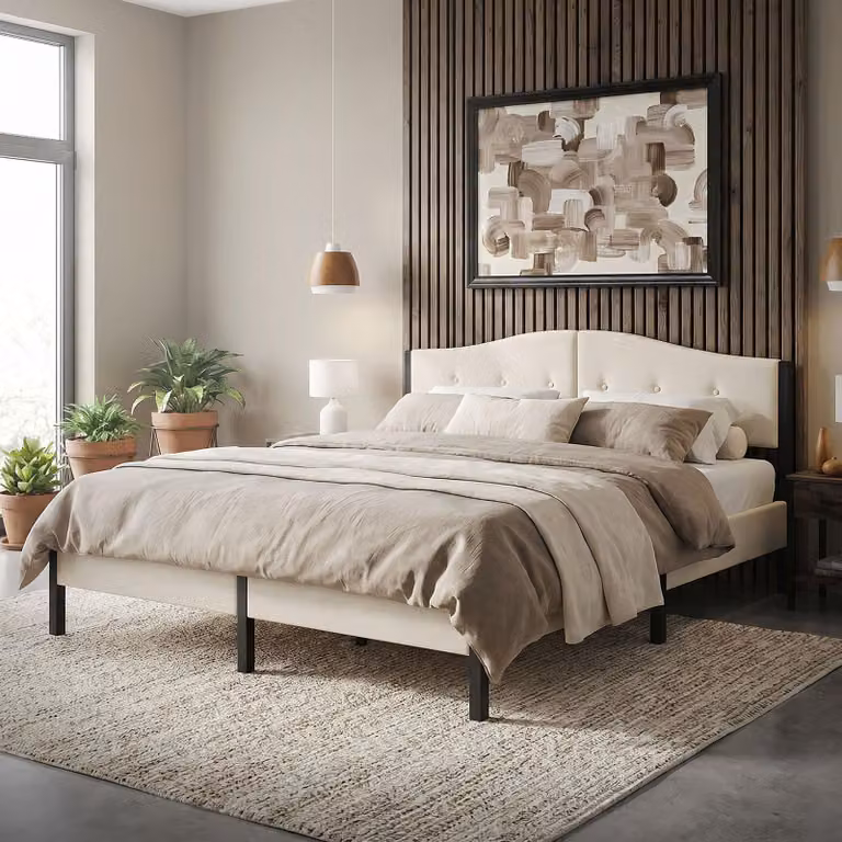Letto imbottito ML-Design 180x200 cm, beige, letto matrimoniale con solida struttura, testiera, rete a doghe e rivestimento in lino. Letto moderno per ragazzi.