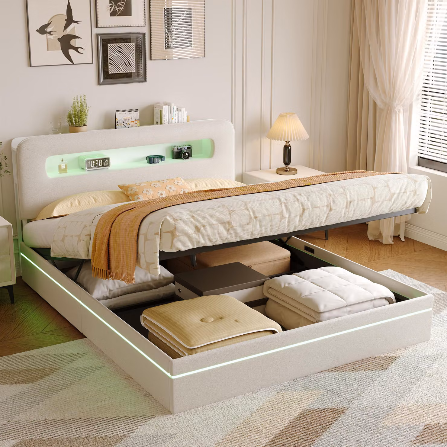 Letto contenitore 160 x 200 cm in velluto beige con striscia LED integrata, testiera con vano contenitore, design moderno e struttura robusta.
