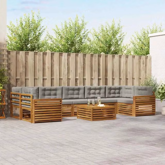 Set di divani da esterno vidaXL in legno di acacia con cuscini grigi e tavolino da giardino 8 pz – 1