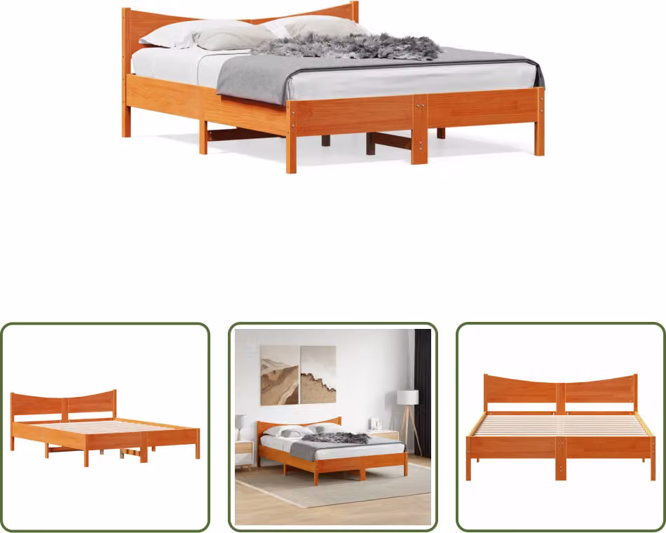 The Living Store Letto in legno massiccio con testiera marrone cera 150x200 cm pino
