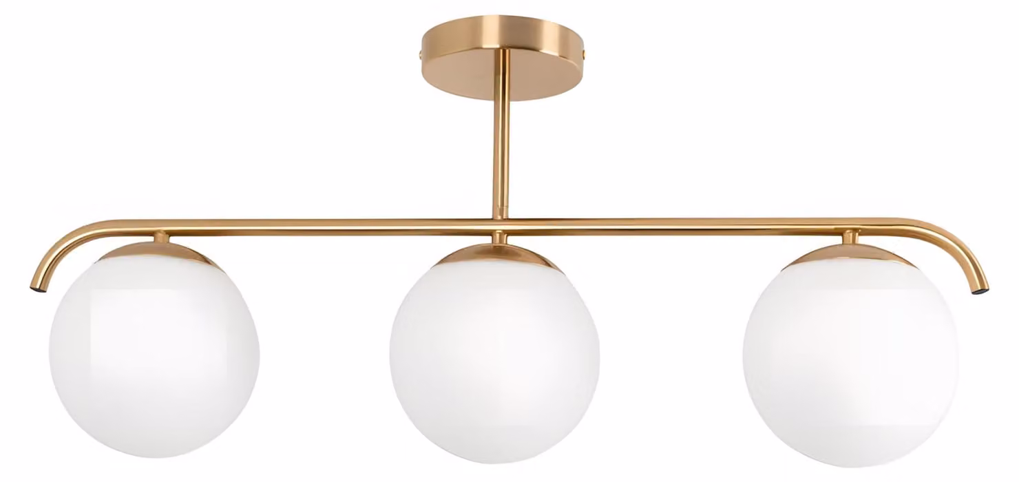 Lampada a soffitto, 3 attacchi E27, colore oro, vetro opale, dimensioni 70x12x30 cm, grado di protezione IP20