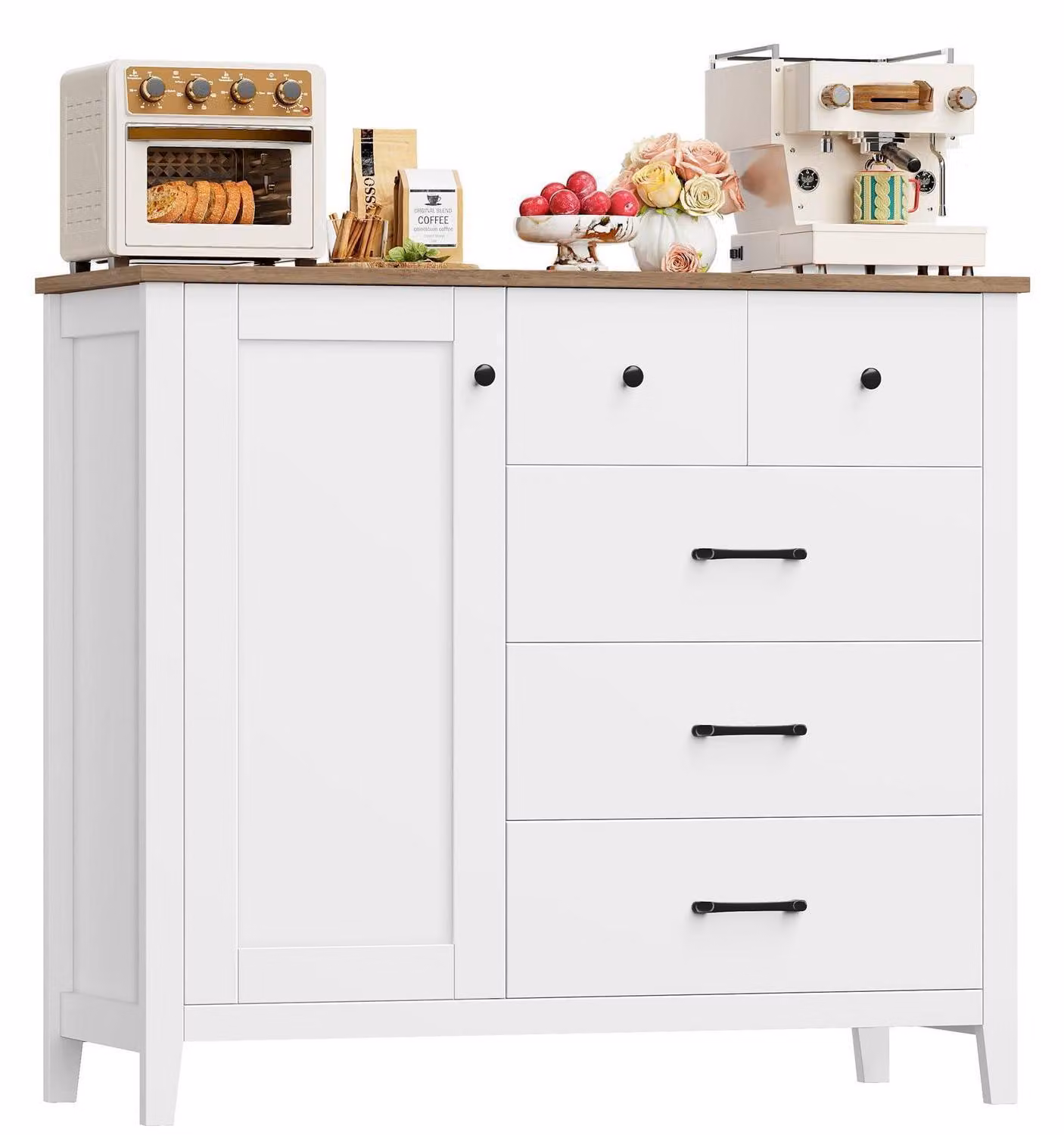 Mobiletto da cucina, credenza con 5 cassetti e 1 anta, dimensioni 100x94x40 cm, colore bianco e marrone