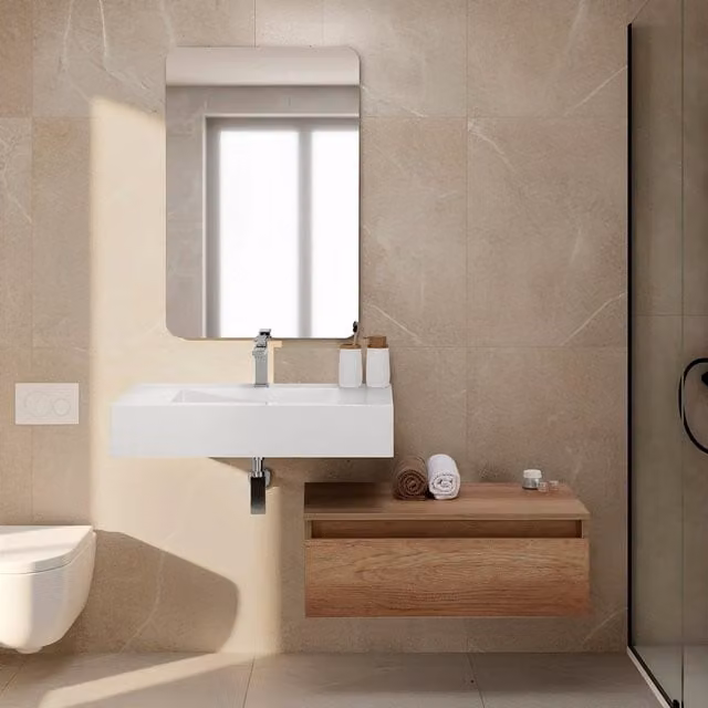 Mobile bagno sospeso 80 cm rovere naturale con lavabo sospeso e specchio – Numa