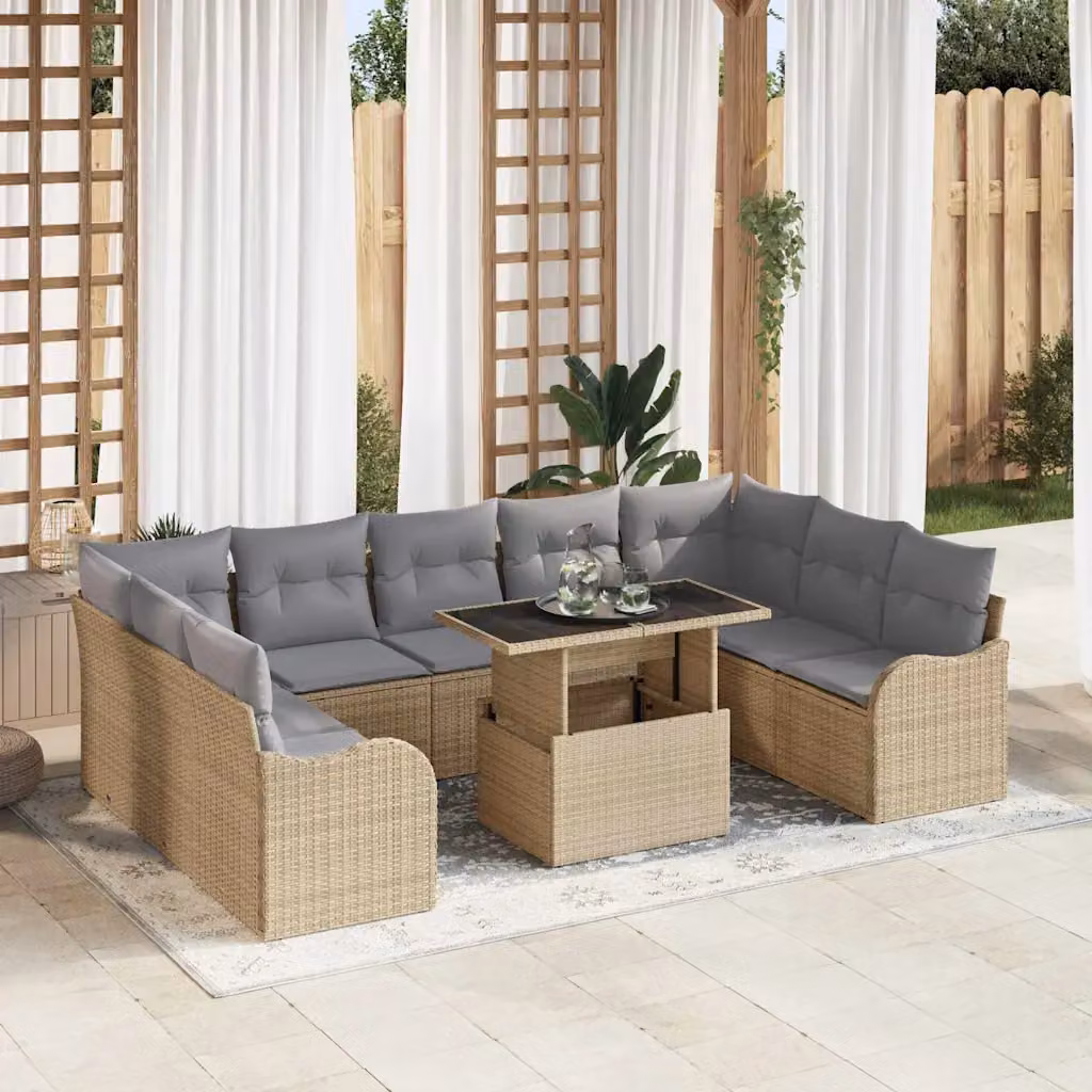Set Divano da Giardino vidaXL 10 Pezzi con Tavolino e Cuscini Beige e Grigio in Rattan e Metallo per 9-10 Persone – 1