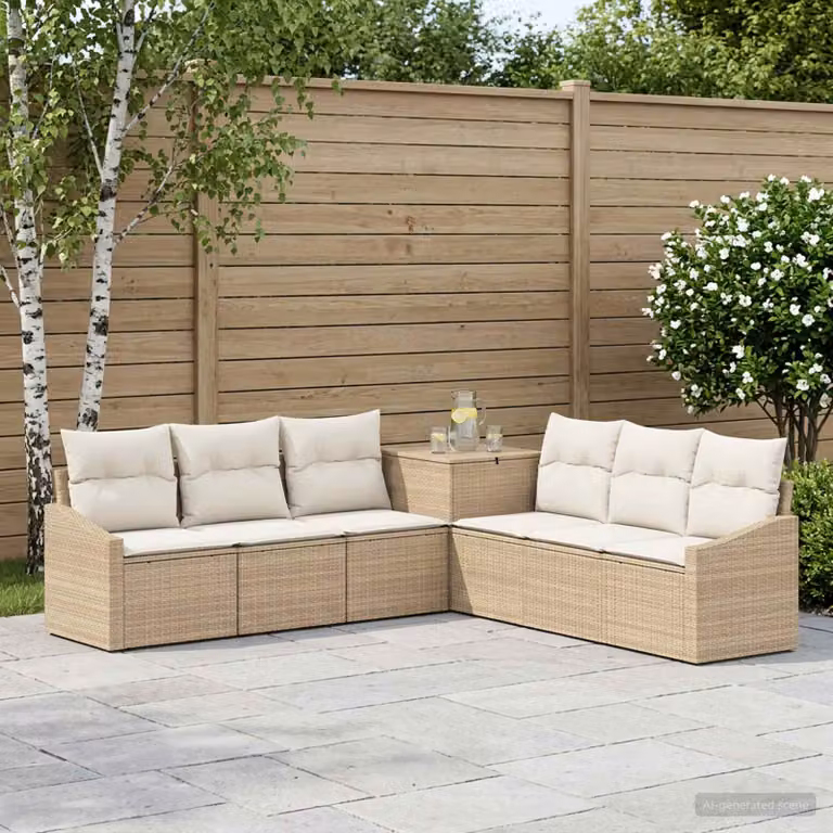 vidaXL Set di divani da giardino 7 pz in polyrattan beige e bianco crema con cuscini inclusi