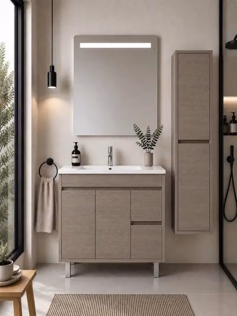 Mobile bagno con lavabo ORIGENBATH ISQUIA senza specchio 80x40 cm rovere smoky con colonna