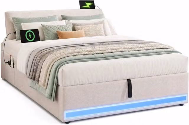 Letto contenitore 90x200 cm in lino beige con LED e USB-C, senza materasso