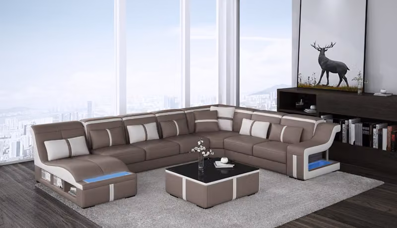 Ledersofa Wohnlandschaft Ecksofa Garnitur Design Modern Sofa U-Form mit USB