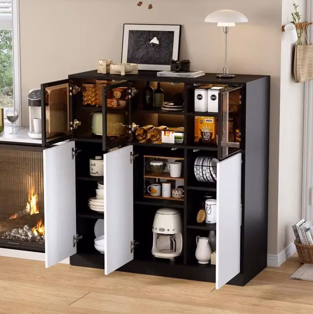 Credenza contenitore nera e bianca 100x40x105 cm con illuminazione, 6 ante