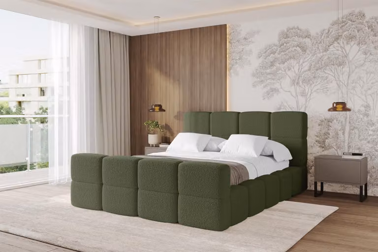 Letto imbottito ALTDECOR con contenitore - NATA-Z 180x200 verde, letto con testiera, letto contenitore senza materasso, letto matrimoniale con spazio contenitivo
