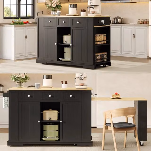 Isola da cucina mobile con tavolo estraibile fino a 213 cm; prese; ripiani regolabili e 7 ruote; nero; 138(213)x55x93 cm