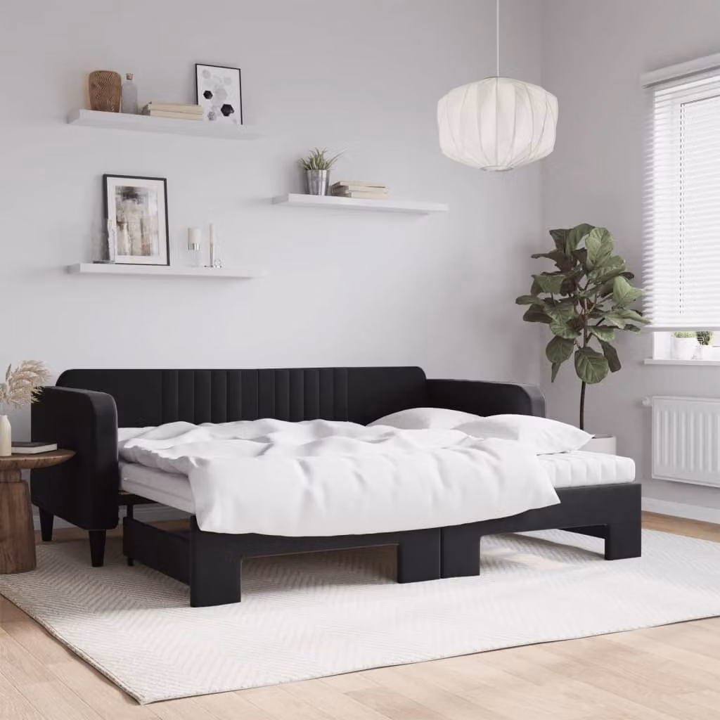 vidaXL Divano Letto Estraibile in Velluto Nero con Materassi L/P/H: 200 x 90 x 75 cm