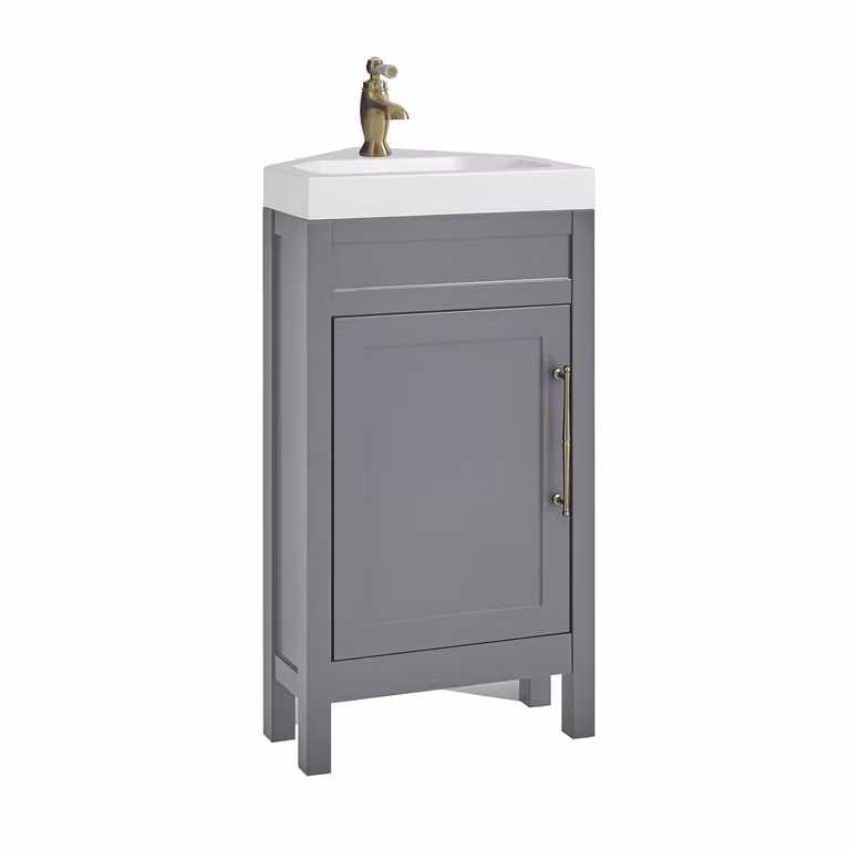 Mobile Bagno Angolare Grigio Chiaro da 450mm con Lavabo e Maniglia Classica con Barra a T in in Oro Satinato - Warwick