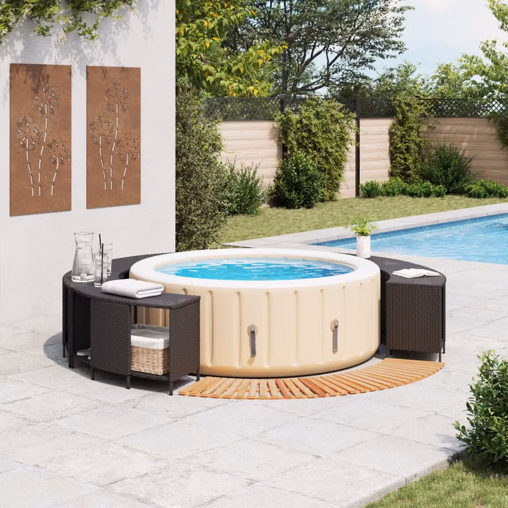 vidaXL Bordo per Spa Nero in Polyrattan e Legno Massello di Acacia