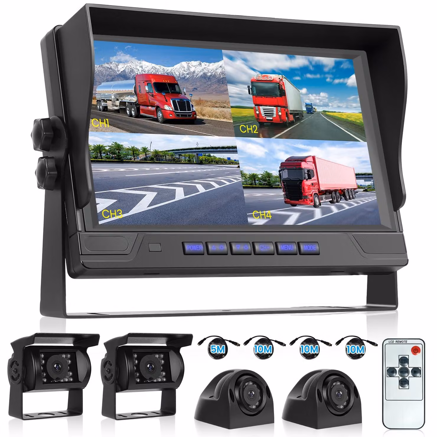 Telecamera per retromarcia con display HD da 9 pollici - 4 telecamere con obiettivo grandangolare - Risoluzione 1080p - Impermeabile IP68 - Kit di cablaggio per il monitor